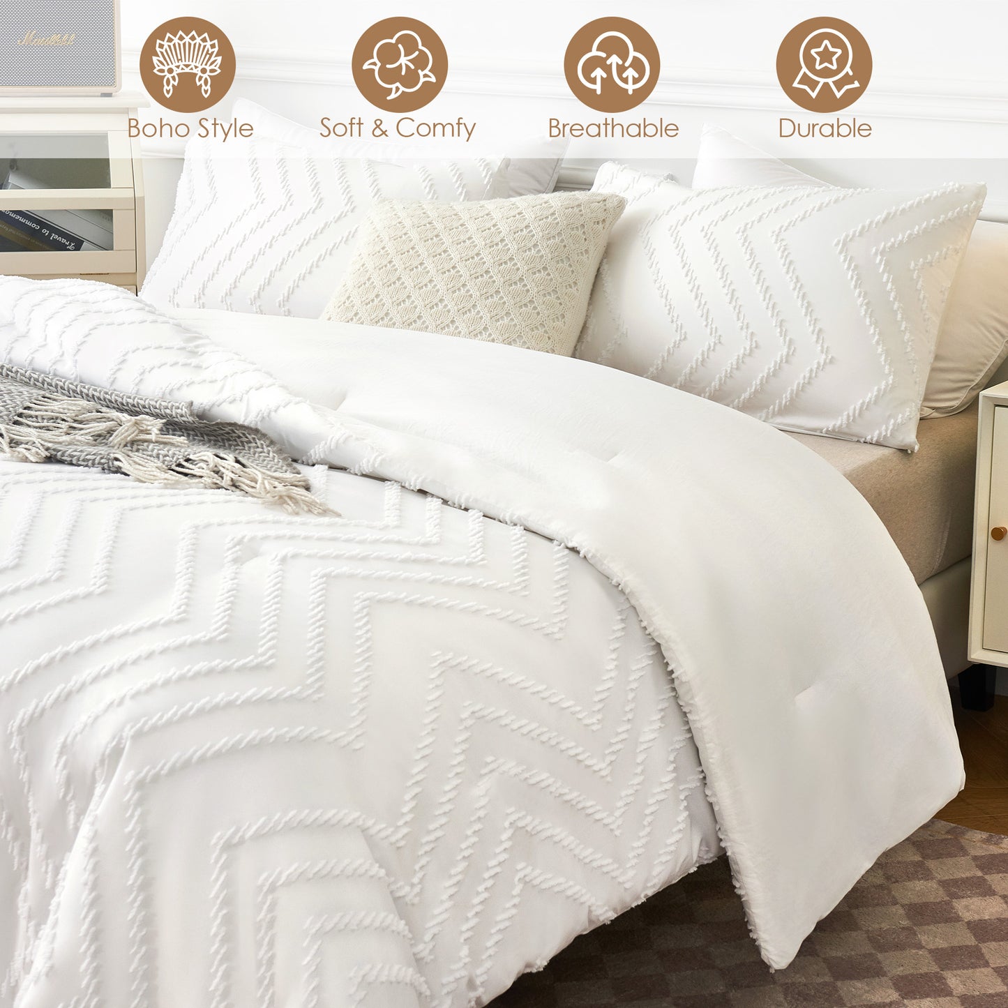AmyHomie Queen Comforter Set, Boho White Tufted Comforter Bedding Set 3 Pieces, Lightweight and Soft Bed Set With Comforter and Pillowcases, All Season Comforter Set(90" x 90")