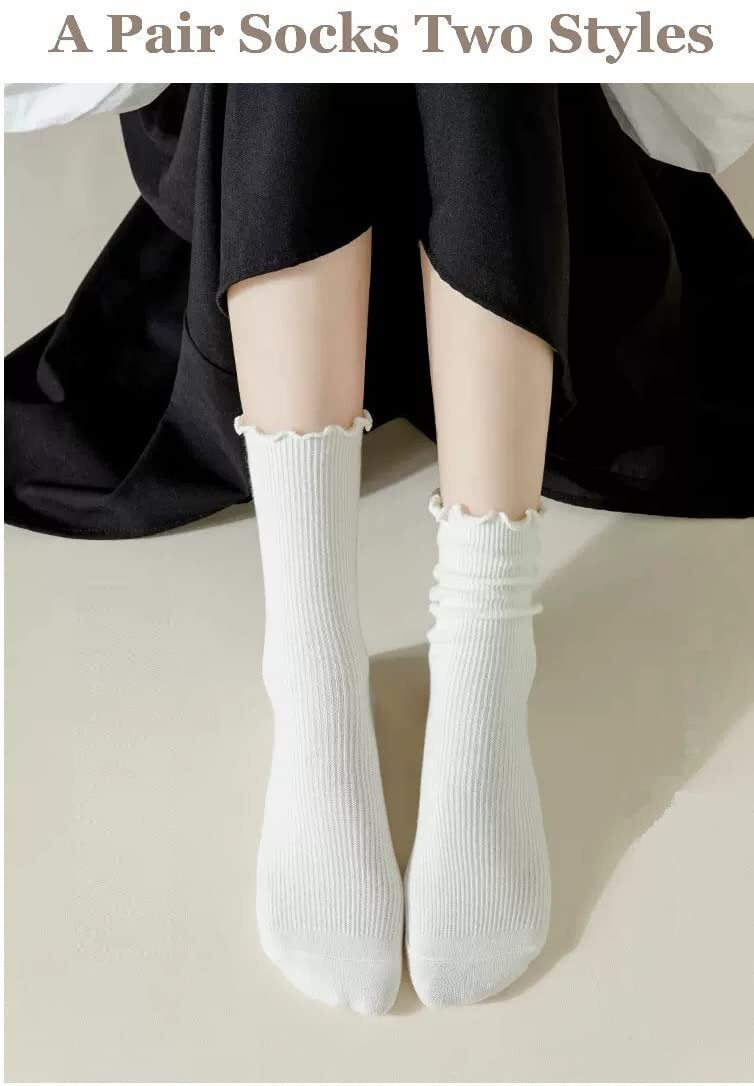AmyHomie Women Ankle Socks Ruffle Turn-Cuff, Casual Cute Ankle Socks Breathable Cotton Soft Frilly Crew Socks, Lovely Lettuce Edge Socks Women Frilly Low Socks for Women Girls 4 Packs