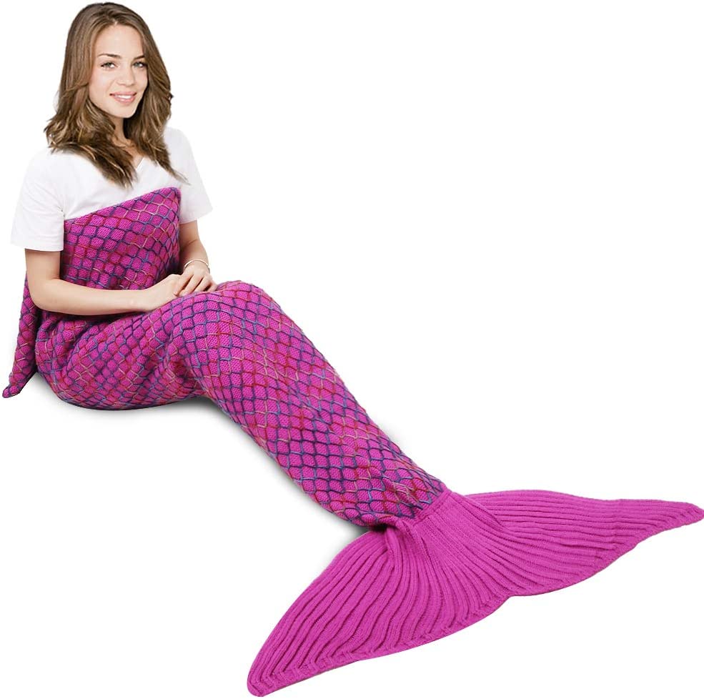 AmyHomie Mermaid Tail Blanket, Soft Crochet Sleeping Blanket for Kids Adults, Mermaid Gift for Girls