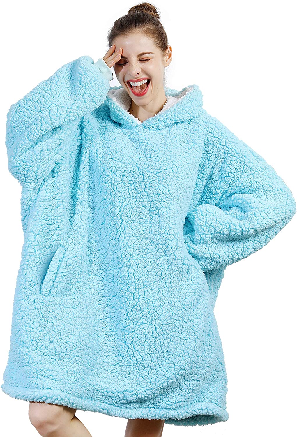 AmyHomie Blanket Sweatshirt,Oversized Sherpa Hooded Sweatshirt Blanket,Fleecehug Hoodie Wearable Blanket with Pocket for Adults & Kids & Teens