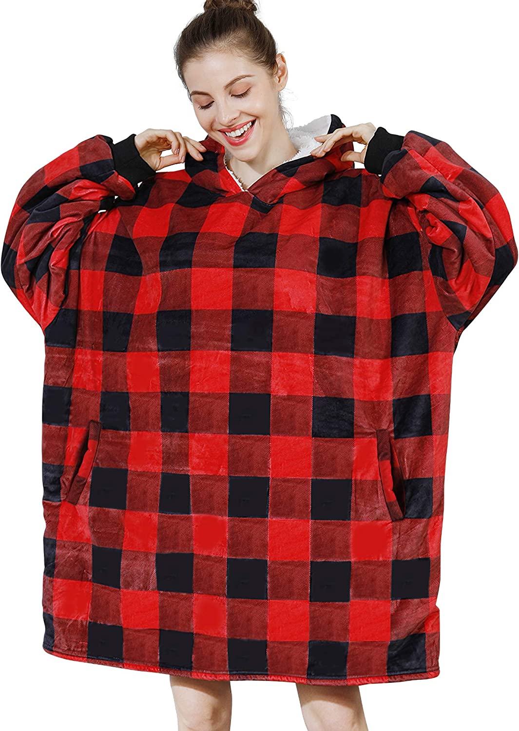 AmyHomie Blanket Sweatshirt,Oversized Sherpa Hooded Sweatshirt Blanket,Fleecehug Hoodie Wearable Blanket with Pocket for Adults & Kids & Teens