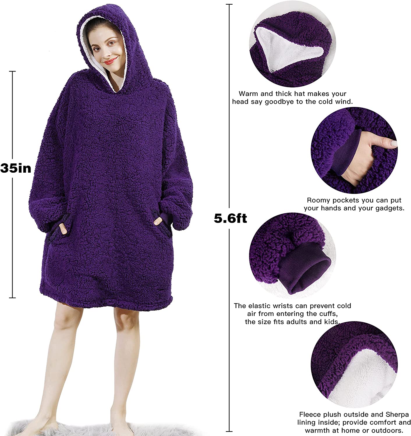 AmyHomie Blanket Sweatshirt,Oversized Sherpa Hooded Sweatshirt Blanket,Fleecehug Hoodie Wearable Blanket with Pocket for Adults & Kids & Teens