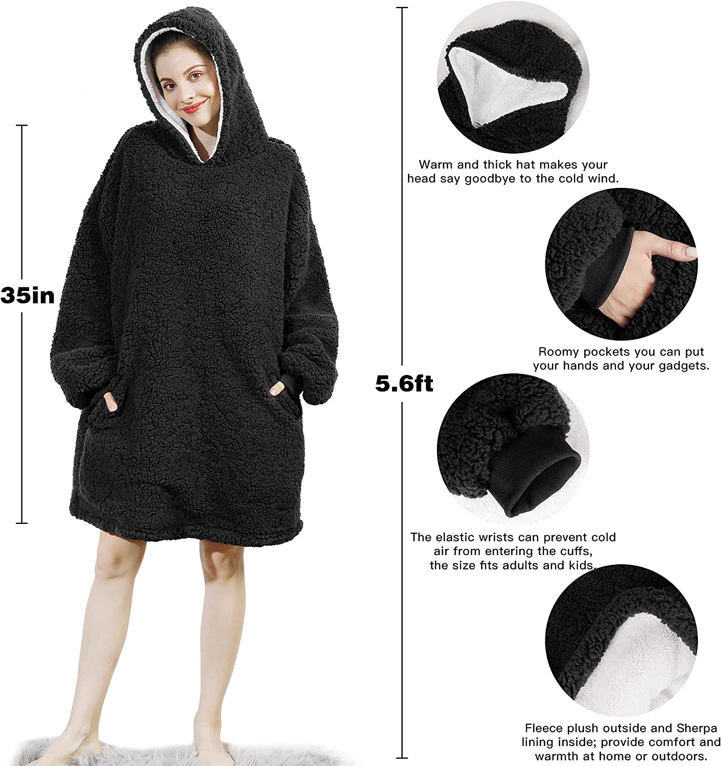 AmyHomie Blanket Sweatshirt,Oversized Sherpa Hooded Sweatshirt Blanket,Fleecehug Hoodie Wearable Blanket with Pocket for Adults & Kids & Teens