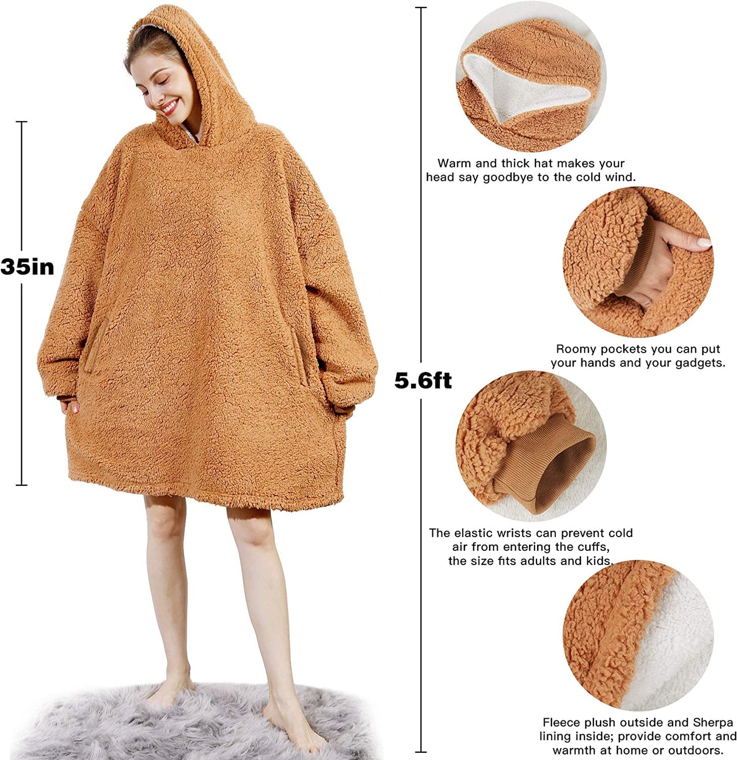 AmyHomie Blanket Sweatshirt,Oversized Sherpa Hooded Sweatshirt Blanket,Fleecehug Hoodie Wearable Blanket with Pocket for Adults & Kids & Teens
