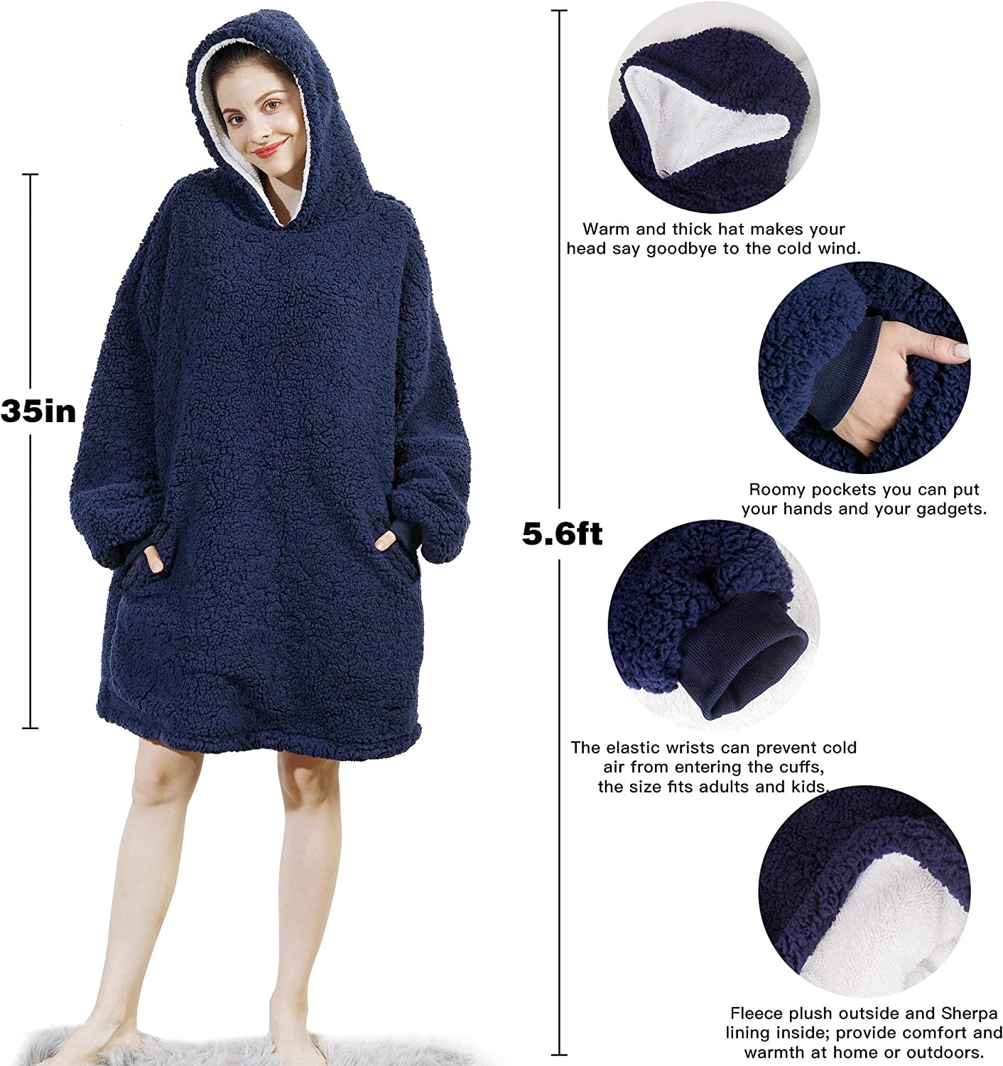 AmyHomie Blanket Sweatshirt,Oversized Sherpa Hooded Sweatshirt Blanket,Fleecehug Hoodie Wearable Blanket with Pocket for Adults & Kids & Teens