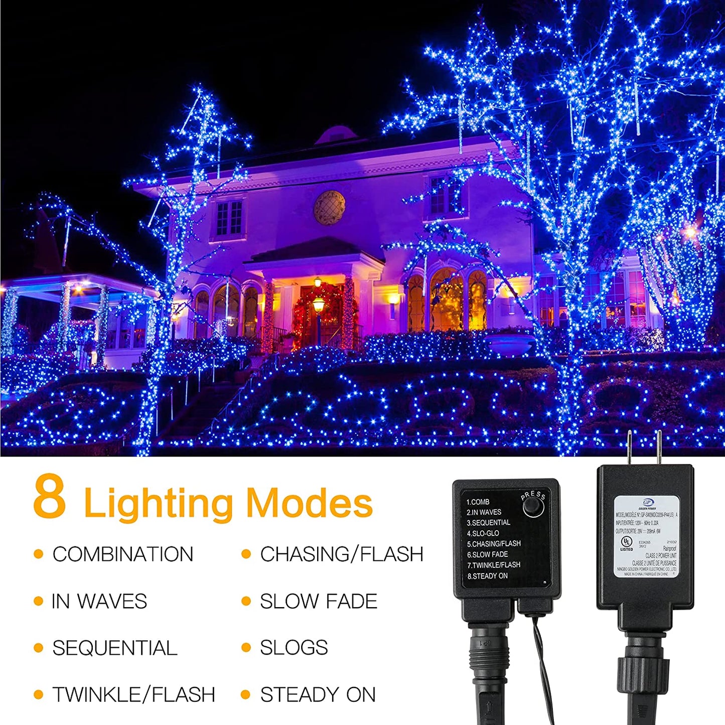 AmyHomie Blue Christmas Lights, 108Ft 300LED Halloween Lights Outdoor Waterproof, End-to-End Indoor Fairy Decorative Lights for Wedding, Party, Halloween Christmas Decor