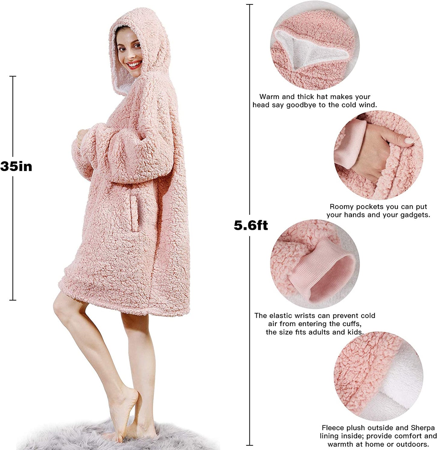 AmyHomie Blanket Sweatshirt,Oversized Sherpa Hooded Sweatshirt Blanket,Fleecehug Hoodie Wearable Blanket with Pocket for Adults & Kids & Teens