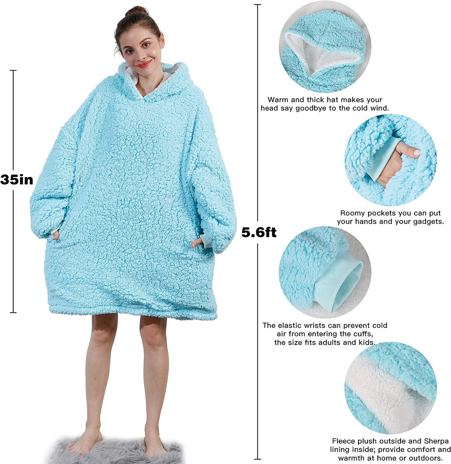 AmyHomie Blanket Sweatshirt,Oversized Sherpa Hooded Sweatshirt Blanket,Fleecehug Hoodie Wearable Blanket with Pocket for Adults & Kids & Teens