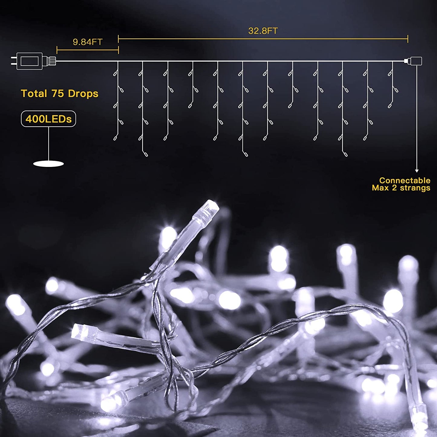 AmyHomie Christmas Lights 400 LED Icicle Lights, 8 Modes White Icicle Lights Outdoor with 75 Drop, Indoor Curtain Fairy Halloween Lights for Wedding Party Holiday Christmas Decorations