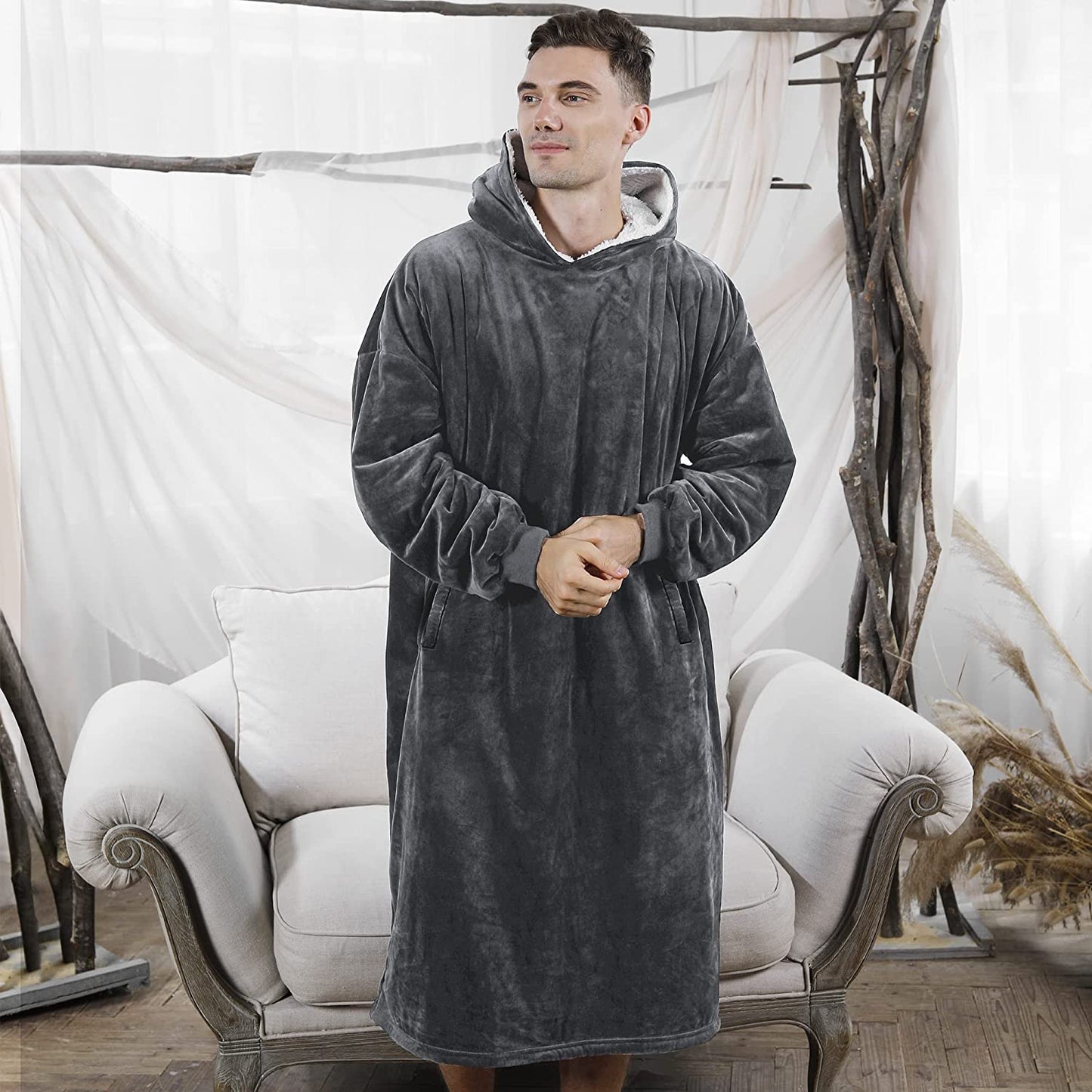 AmyHomie Blanket Sweatshirt,Oversized Sherpa Hooded Sweatshirt Blanket,Fleecehug Hoodie Wearable Blanket with Pocket for Adults & Kids & Teens