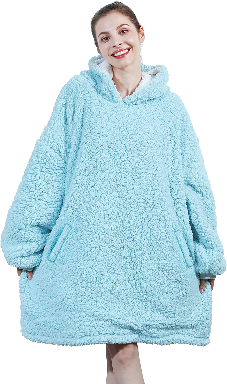 AmyHomie Blanket Sweatshirt,Oversized Sherpa Hooded Sweatshirt Blanket,Fleecehug Hoodie Wearable Blanket with Pocket for Adults & Kids & Teens