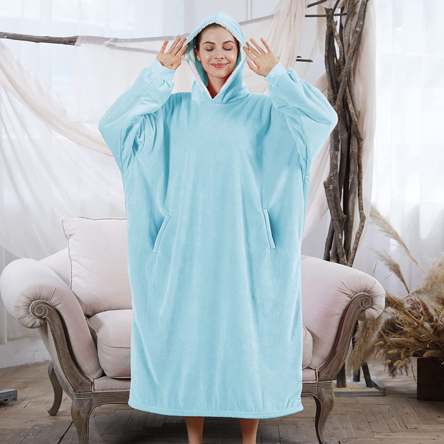 AmyHomie Blanket Sweatshirt,Oversized Sherpa Hooded Sweatshirt Blanket,Fleecehug Hoodie Wearable Blanket with Pocket for Adults & Kids & Teens