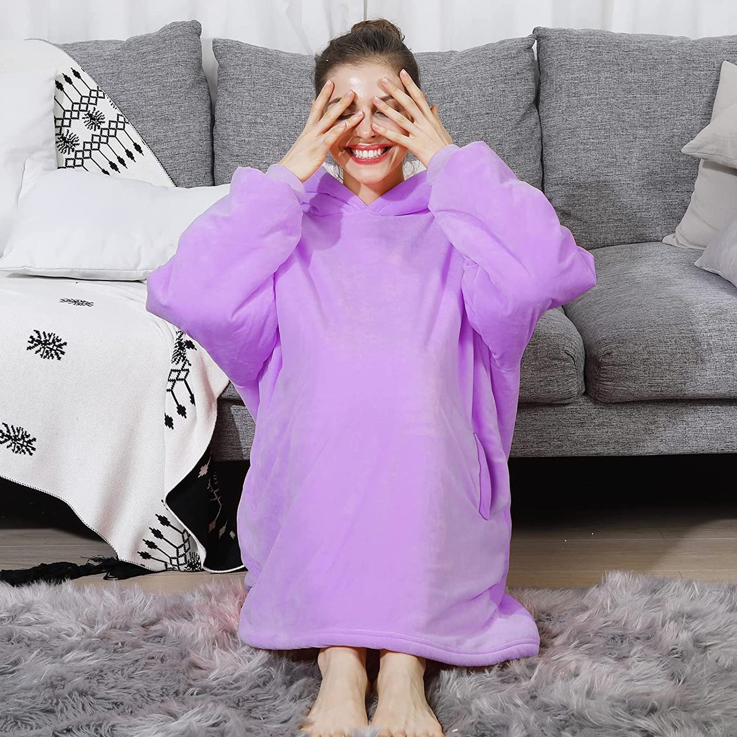 AmyHomie Blanket Sweatshirt,Oversized Sherpa Hooded Sweatshirt Blanket,Fleecehug Hoodie Wearable Blanket with Pocket for Adults & Kids & Teens