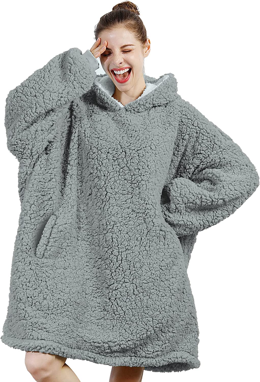 AmyHomie Blanket Sweatshirt,Oversized Sherpa Hooded Sweatshirt Blanket,Fleecehug Hoodie Wearable Blanket with Pocket for Adults & Kids & Teens