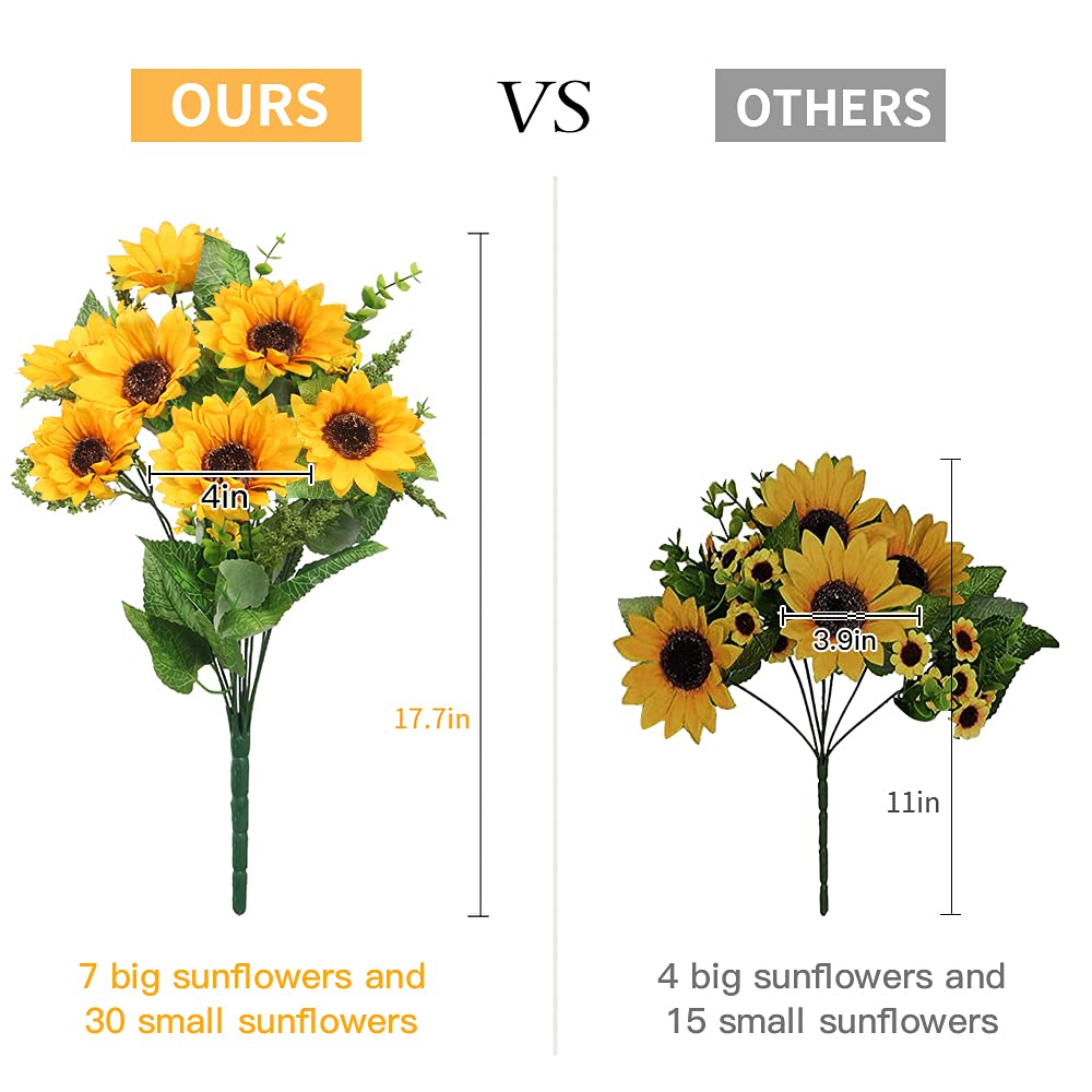 AmyHomie Artificial Sunflowers for Outdoors - 2 Bunches Fake Sunflower Bouquets with 14 Large Blooms, UV Resistant Silk Flowers for Home Wedding Fall Decor, Garden Party Centerpieces, 17.7 Inches