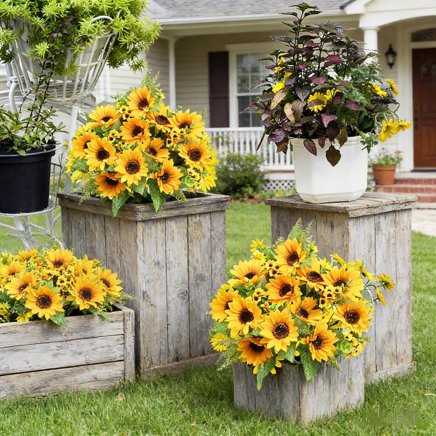 AmyHomie Artificial Sunflowers for Outdoors - 2 Bunches Fake Sunflower Bouquets with 14 Large Blooms, UV Resistant Silk Flowers for Home Wedding Fall Decor, Garden Party Centerpieces, 17.7 Inches