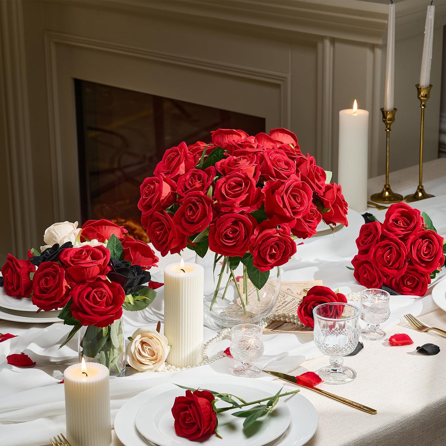 AmyHomie Red Roses Artificial Flowers, Realistic Fake Velvet Rose Bulk with Bendable Stems for DIY Wedding Bouquets, Centerpieces, Home, Party, Valentine’s & Mother’s Day Decor
